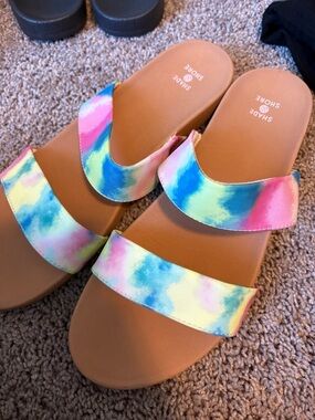 Shade & Shore Tie-Dye Double Strap Slide Sandals in Pink, Blue, Yellow